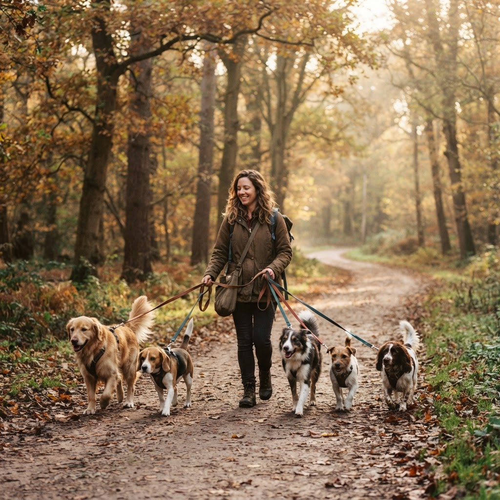 A person walking several happy dogs on a tree-lined path